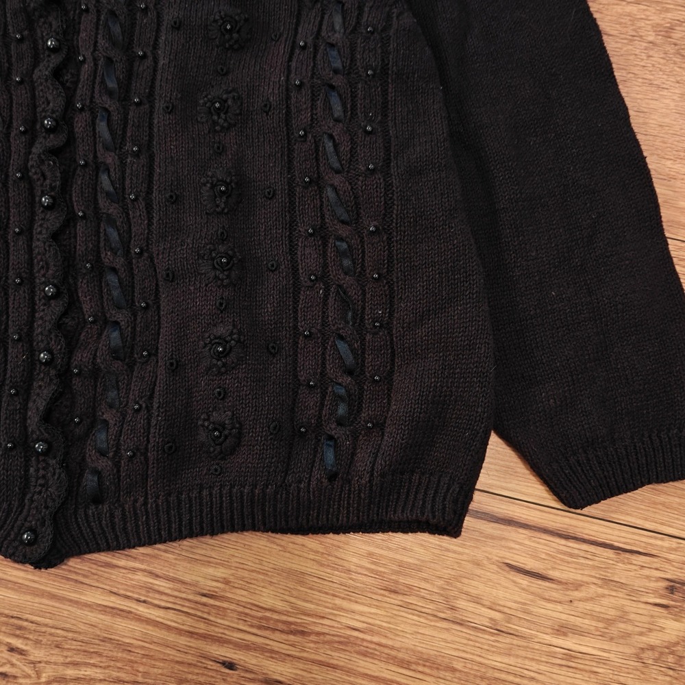 Maggie Lawrence Black Knit Cardigan Women's 18 Ribbon Cottagecore Whimsigoth VTG - Picture 3 of 7